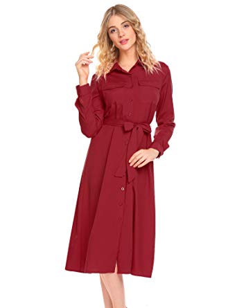Pasttry Pattry Women's Bow Belt Button Down Classical A-Line Shirt Midi Dress
