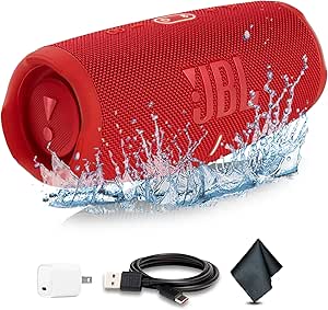 JBL Charge 5 Portable Wireless Bluetooth Speaker with IP67 Waterproof (Red) (JBLCHARGE5RDAM)   USB-C Adapter   MicroFiber Cloth