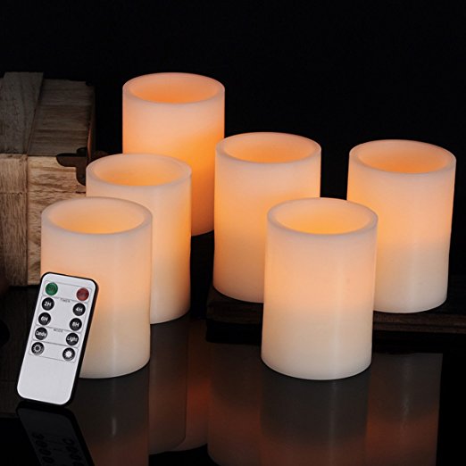 Calm-life Classic Pillar Real Wax Flameless LED Candles 3" X 4" with Timer 10-key Remote Control Feature Ivory Color - Set of 6