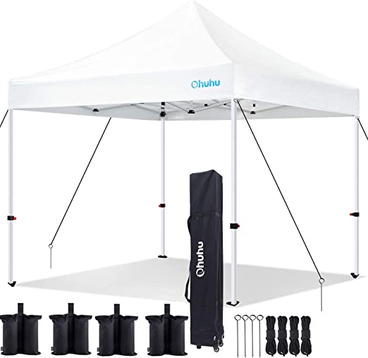 Ohuhu EZ Pop Up Canopy Tent, 10x10 FT Commercial Instant Shelter with Roller Bag, Reinforced-Frame Canopies Bonus 4 Canopy Sand Bags, Stakes & Ropes for More Stable, 4 Height Adjustable, White