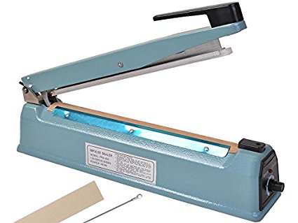 Kseven 12" Heat Impulse Sealer, Hand Portable Table Top Poly Bag Plastic Film Tubing Sealing Machine, Free Element, DURABLE METAL CASE, For Food Industrial Grocery Retail Shop Factory Packaging Use.