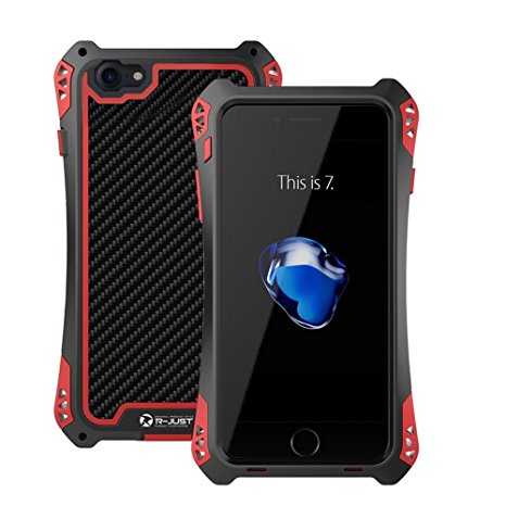 iphone 7 Case,Bpowe Shockproof Drop Proof Water Resistant Dirt Proof Carbon Fiber Zinc Magnesium Alloy Metal Gorilla Glass Heavy Duty Armor Protection Case Cover for Apple iphone 7 (Black/Red)