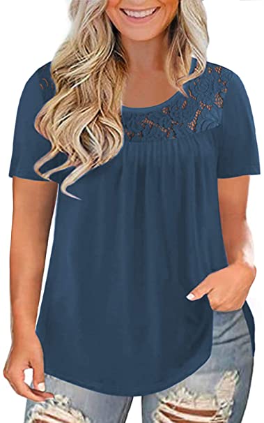 DOLNINE Womens Plus Size Shirts Short Sleeve Lace Tops Summer Pleated Tunics