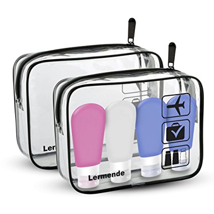 Lermende 2pcs Toiletry Bags and 4 Silicone Travel Bottles Set TSA Approved Airline Carry-On Leak Proof Squeezable Refillable Containers (3oz)