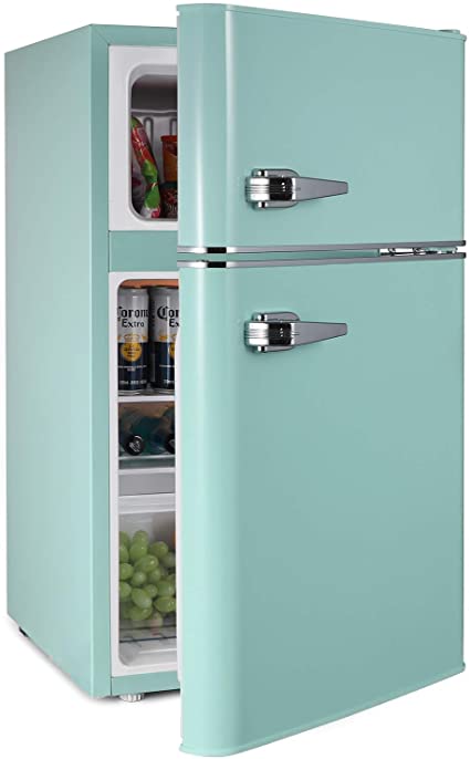 3.2 CU. FT. Mini Fridge With Freezer - 2 Door MIni Fridge Chiller and Freezer Compartment with Removable Glass Shelves - Small Drink Food Storage Cooler for Office, Dorm, Apartment, Bedroom (GREEN)