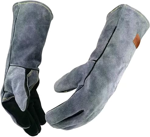 WZQH 14 Inches,932℉,Leather Forge Welding Gloves medium, Heat/Fire Resistant,Mitts for BBQ,Oven,Grill,Fireplace,Tig,Mig,Baking,Furnace,Stove,Pot Holder,Animal Handling Glove.Black-gray