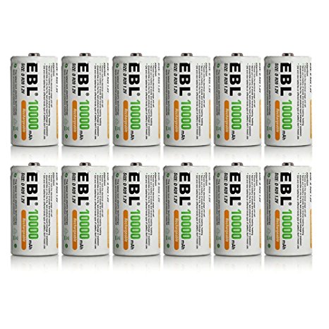 12 Pack EBL D Size D Cell 10,000mah High Capacity High Rate NiMH Rechargeable Batteries