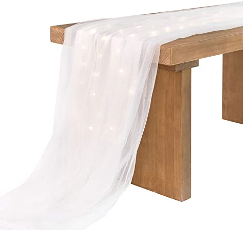 Ling's moment 30x195 inch Extra Long Tulle Table Runner with 32FT Light for Wedding Party Bridal Shower Long Table Aisle Runner Decorations(Shimmer White, 16FT)
