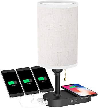 Qi Bedside Lamp COZOO USB Bedside Table & Desk Lamp with 3 USB Charging Ports and Qi Wireless Charging Pad,Black Charger Base with White Fabric Shade, LED Light for Bedroom/Nightstand/Living Room