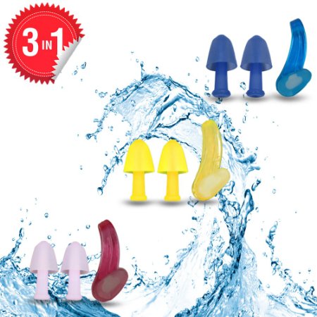 Swimming Nose clips and Earplugs Mega set of 3 Family Pack Pro Edition By BluPond®