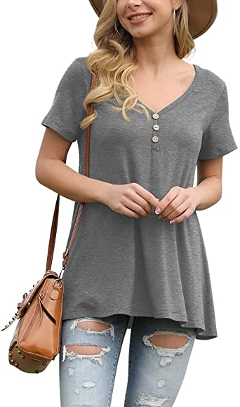 AWULIFFAN Womens Summer Short Sleeve Tunic Tops Loose Fit Casual T-Shirt Button Up Blouses