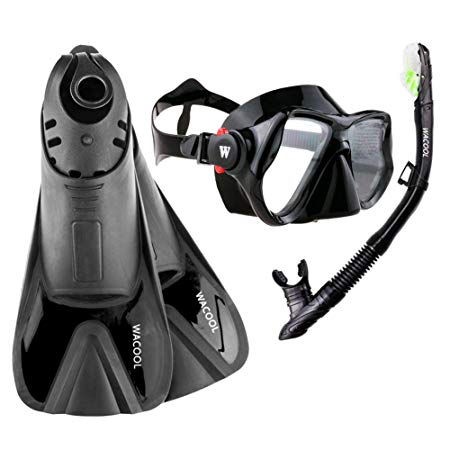 WACOOL Snorkeling Package Set for Adults, Anti-Fog Coated Glass Diving Mask, Snorkel with Silicon Mouth Piece,Purge Valve and Anti-Splash Guard w/Travel Short Swim Fins