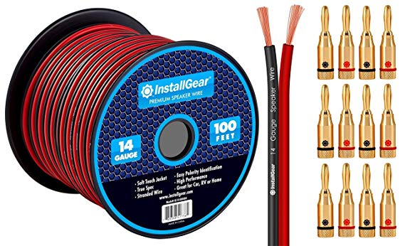 InstallGear 14 Gauge AWG 100ft Speaker Wire Cable - Red/Black with 12 Banana Plugs