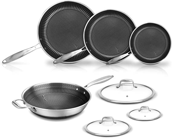 7-Piece Cookware Set Stainless Steel - Triply Kitchenware Pans Set Kitchen Cookware w/ DAKIN Etching Non-Stick Coating - Small, Medium, & Large Stir Fry Pan with Lid, Wok - NutriChef NC3PLY7S