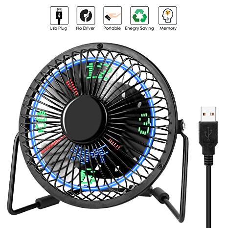 USB Desk Fan With LED Digital Clock Display, LC-dolida 360°Rotation Portable Mini Table Cooling Fan with Temperature Display for Office Home Desktop-Black