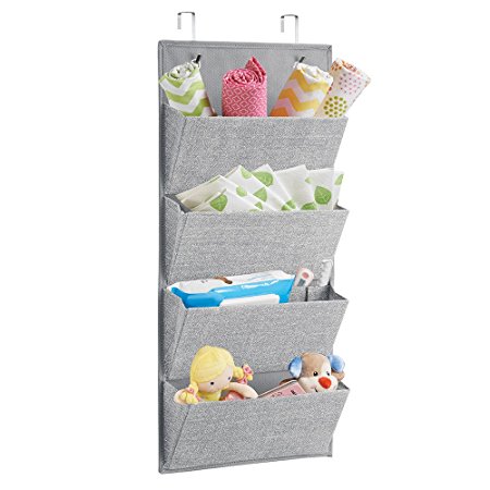 mDesign Wall Mount/Over Door Fabric Baby Nursery Closet Organizer for Stuffed Animals, Diapers, Wipes, Towels - 4 Pockets, Gray