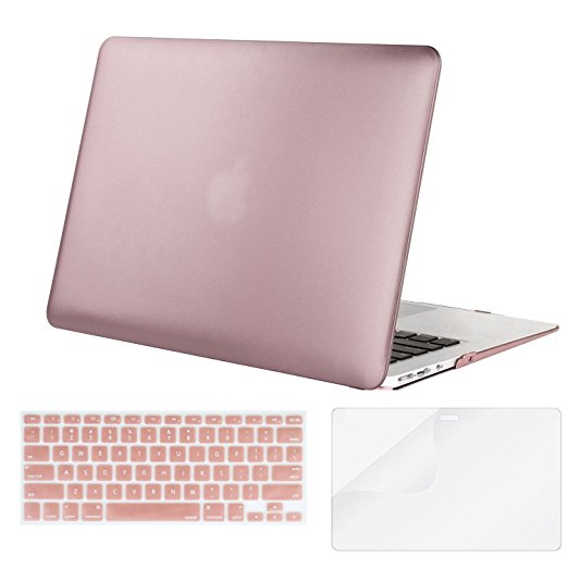 Mosiso - 3 in 1 Macbook Air 13 Inch Metallic Coated Plastic Hard Case Cover & Keyboard Cover & Screen Protector for Macbook Air 13.3" (Models: A1369 and A1466), Rose Gold