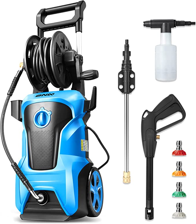 DNA MOTORING TOOLS-00231 Up to 2176 PSI Pressure 2.4 GPM Max Flow Electric Pressure Washer for Yard and Car Cleaning with Spray Nozzle Foam Bottle   4 Turbo Nozzles IPX5 Driveway Patio Deck (Blue)