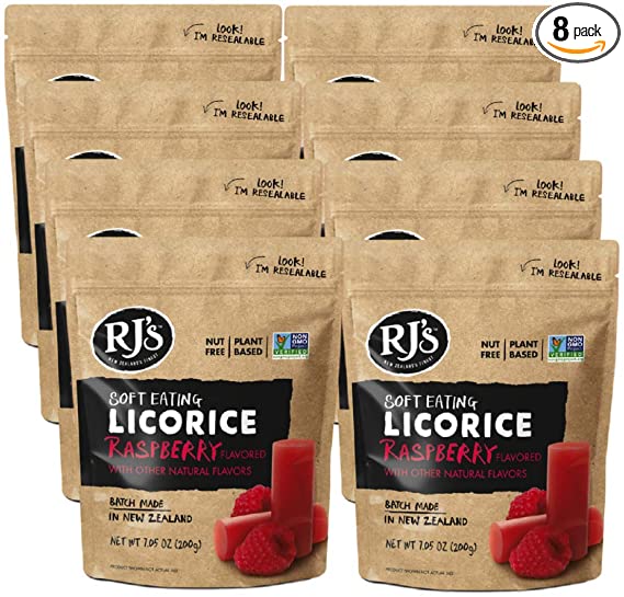 Soft Eating Raspberry Licorice (8-Pack) - RJ's Licorice (8) 7.05oz Bags - NON-GMO, NO HFCS, Vegan-Friendly & Kosher - Batch Made in New Zealand