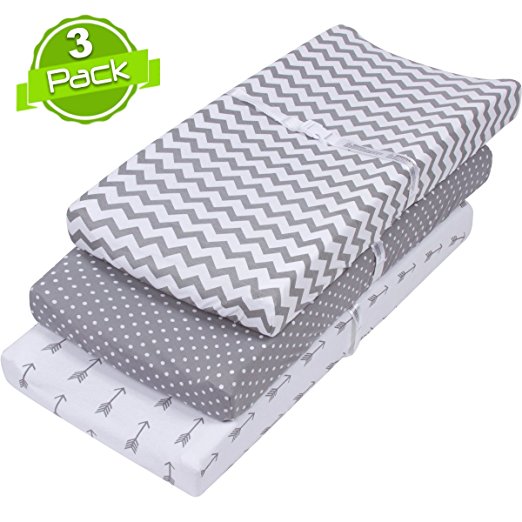 BaeBae Goods 150 GSM Soft Jersey Knit Cotton Changing Pad Cover Set, Grey and White, 3 Pack