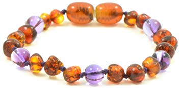 Baltic Amber Teething Bracelet/Anklet {0056} Mixed with Amethyst Beads - 5.5 inches - Amber Jewelry - Hand-Made from Natural Baltic Amber Beads (5.5 inches (14 cm), Cognac/Amethyst)