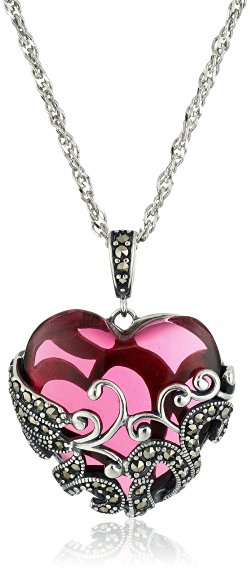 Sterling Silver Oxidized Marcasite and Gemstone Colored Glass Filigree Heart Pendant Necklace, 18"