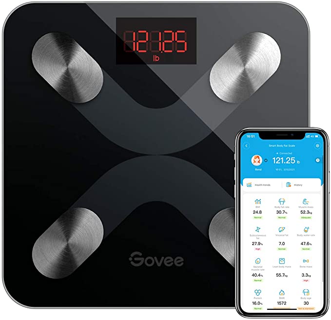 Govee Body Fat Scale, Smart Bluetooth BMI Bathroom Weight Scale, Health Monitor Body Composition Analyzer with Smartphone App, Sync 13 Data, Black