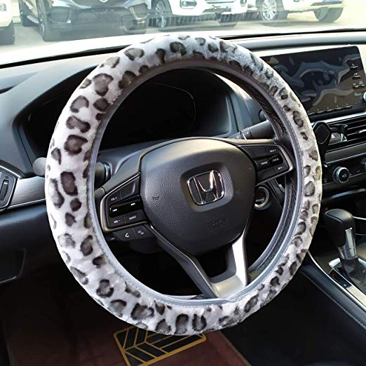 KAFEEK Long Microfiber Plush Steering Wheel Cover for Winter Warm, Universal 15 inch, Anti-Slip, Odorless, Leopard Gray