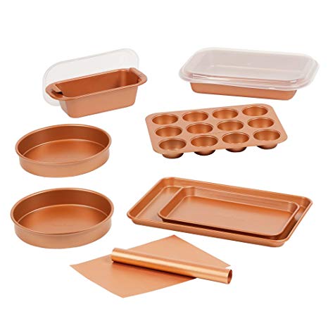 Copper Chef 12 Piece Elite Baking Pan Set- 9 Inch Cake Pan x 2, BBQ Grill Mat, Baking Mat, Baking Pan Crisper Tray with Lid, Cookie Sheet x 2, Muffin Pan, Loaf Pan with Lid