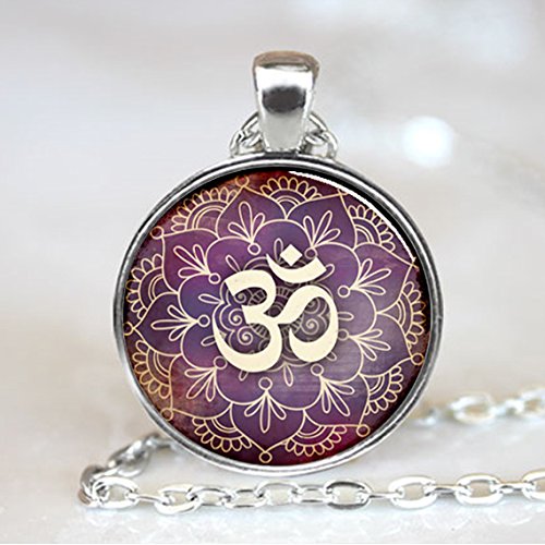 Om Pendant , Lotus Flower Necklace , Namaste Yoga Jewelry , Silver (PD0535S)