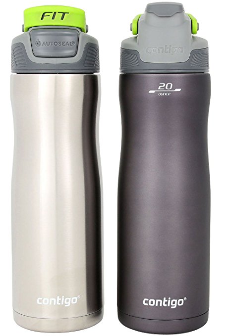 Contigo Autoseal Fit Trainer Water Bottles, 20oz - Stainless Steel & Gunmetal w/Lime (2 Pack)