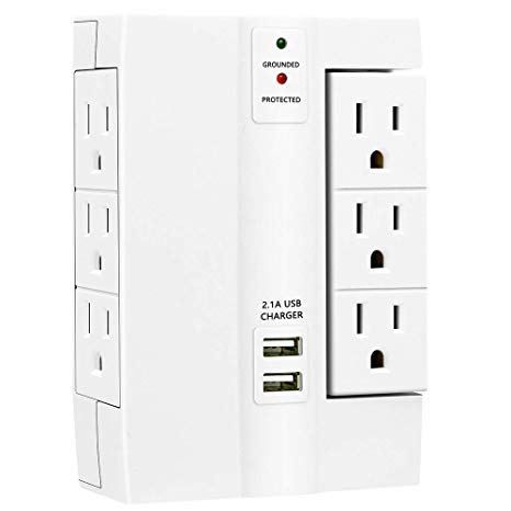 Wall Surge Protector, Lovin Product Multi Plug Outlet Wall Tap Power Strip with 2 USB Ports, 6 Protected Outlets (3 Swivel Outlets), Grounded Indicator, ETL Certified Wall Mount Socket – White
