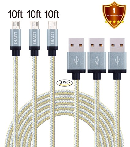 LOVRI Android Micro USB Cable extreme long/ 10ft 3pack for Samsung, HTC, LG, Nexus, Motorola, Sony, Android Smartphone, smart Phone & Tablet [gray & gold]