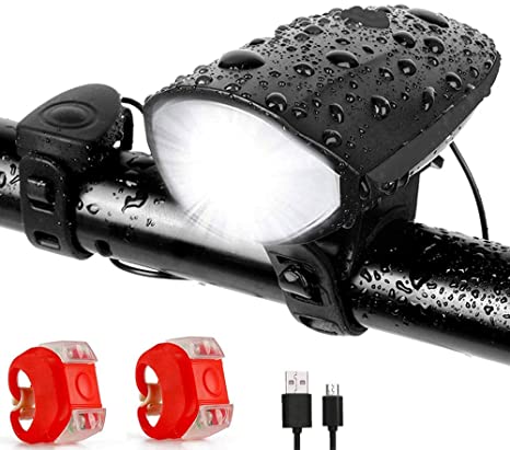 Popuava Bike Lights Front and Back, USB Bicycle Front Light with Loud Horn, 2pcs Silicone Led Bicycle Warning Light Group, with 3 Lighting Modes, High Strength Waterproof, Best Cycling Gift