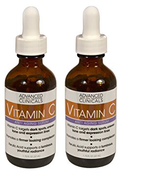 Advanced Clinicals Vitamin C Anti-aging Serum for Dark Spots, Uneven Skin Tone, Crows Feet and Expression Lines. Two pack value set. 1.75 Fl Oz each.