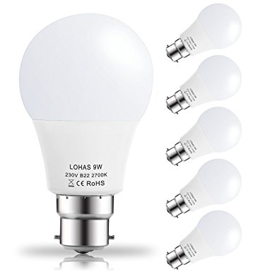 (5 Pack)LOHAS® 9Watt A60 B22 LED Bulbs, 60Watt Incandescent Bulbs Equivalent, Warm White 2700K, 810lm, Non Dimmable, Bayonet LED Light Bulbs
