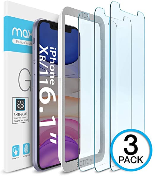 Maxboost (3 Pack) Screen Protector with Anti-Blue Compatible Apple iPhone 11 and iPhone XR (6.1") [Blue Light Filtering   Eye Protection Tempered Glass] Advance HD Clarity Work with Most