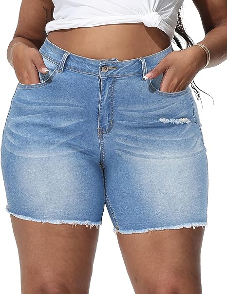 Gboomo Womens Plus Size Denim Shorts High Waisted Stretchy Raw Hem Jean Shorts with Pockets