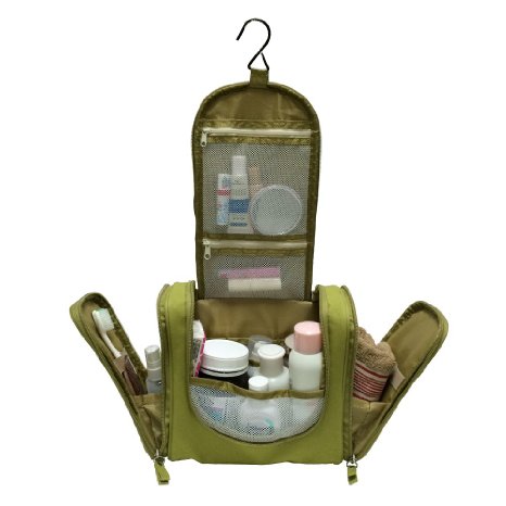Portable Toiletry Bag for Women Makeup or Men Shaving Kit with Hanging Hook green