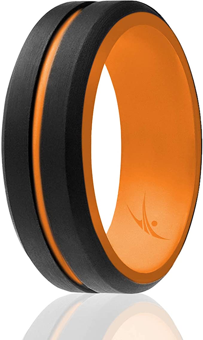 ROQ Silicone Wedding Ring for Men - 6/4/3 Packs or Single Ring Men's Silicone Rubber Wedding Bands, Engraved Middle Line Beveled Edge Style, Metal & Vivid Matte Colours