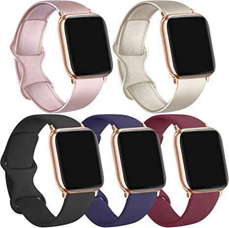 [PACK 5] Silicone Bands Compatible for Apple Watch Band 38mm 40mm 42mm 44mm Strap Compatible for Apple iWatch Series 5 4 3 2 1 (Black/Rose gold/Gold/Navy blue/Wine red, 38mm/40mm-M/L)