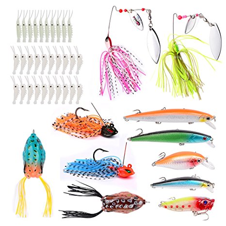 Fishing Lures Baits Tackle Crankbaits Spinnerbaits Spoons Topwater Frog Soft Lure Plastic Worms Jigs Hooks Tackle Box Up To 121pcs Whopper Set Fishing Gear Kit for Bass Trout Catfish