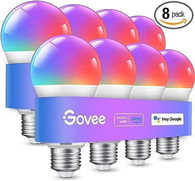 Govee Smart Light Bulbs, WiFi Bluetooth Color Changing Light Bulbs, Music Sync, 54 Dynamic Scenes, 16 Million DIY Colors RGB Light Bulbs, Work with Alexa, Google Assistant & Govee Home App, 8 Pack