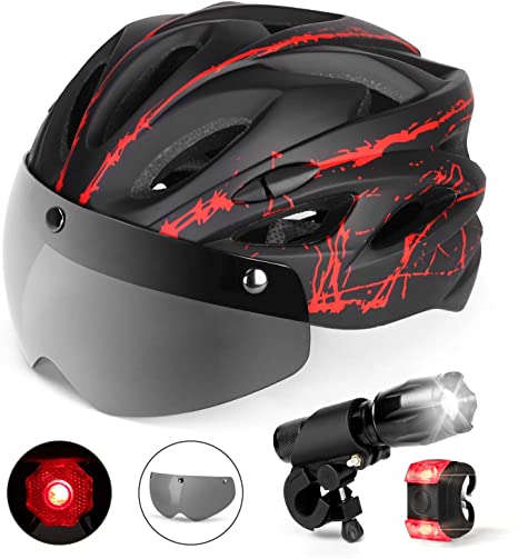 Odoland Bike Helmet with Detachable Goggle, Bike Headlight and Bike Taillight for Road or Mountain Cycling，Lightweight Adjustable and Breathable Bicycle Helmet for Adults and Youth, CPSC Certification