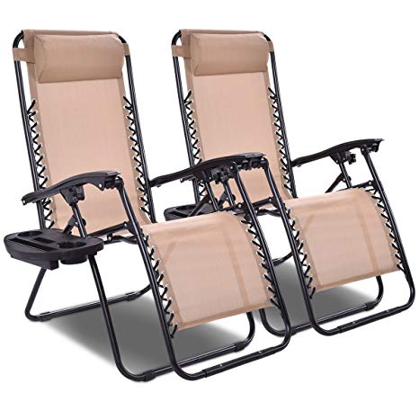 Goplus 2PC Zero Gravity Chairs Lounge Patio Folding Recliner Outdoor Yard Beach With Cup Holder