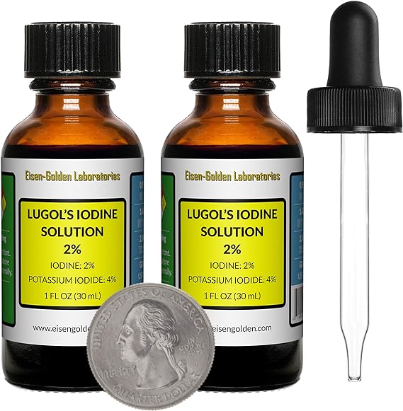 Lugol's Iodine / 2% Solution / 2 Oz in Two Amber Glass Bottles/Free Droppers/USA