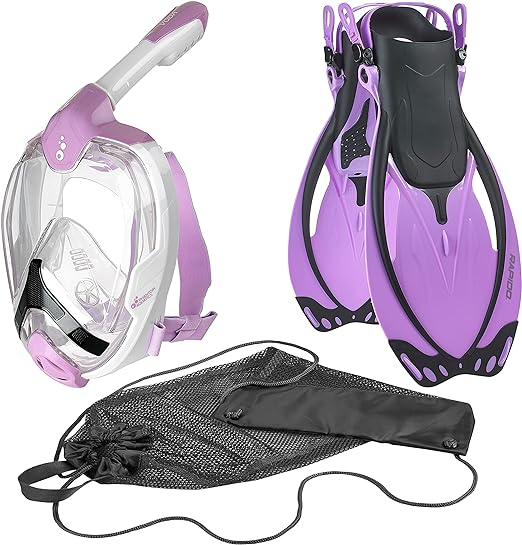 Phantom Aquatics Adult 180° Panoramic View Full Face Snorkel Mask, Adjustable Snorkeling Fins, Snorkel Set | Careta De Buceo, Aletas De Buceo | Premium Snorkeling Gear for Adults