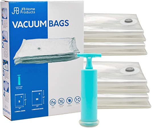 JFB Home - Vacuum Compression Bags for Travel - Triple Your Packing or Storage Space with Leakproof Space Saver Bags - Includes 4 Small, 4 Medium Bags Plus Hand Pump (Kit A)