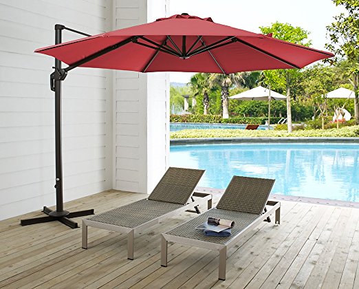 Ulax furniture 360° Rotation 11 Ft Deluxe Outdoor Offset Hanging Market Umbrella, Cantilever Patio Umbrella, 7 different tilt positions, Cross Base Included, Red