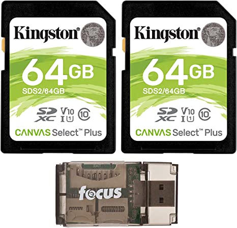 Kingston 64GB SDHC Canvas Select Plus Memory Card (2-Pack) with Focus High Speed Card Reader Bundle (3 Items)